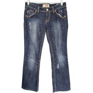 MEK Denim Bootcut Jeans Dark‎ Wash Distressed Pockets Embellished 28 x 34